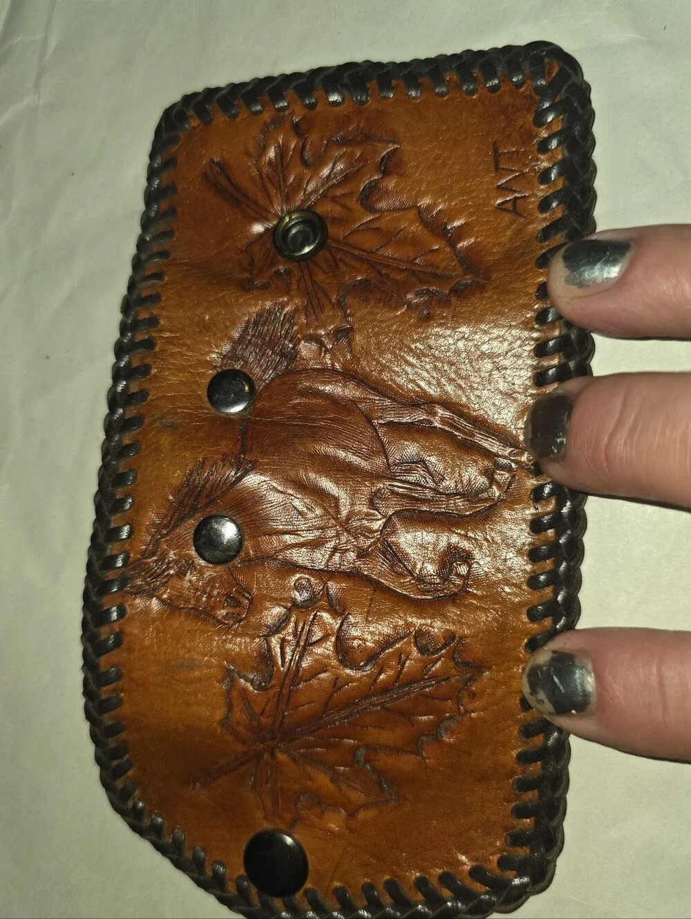 New, Handcrafted Brown Leather Tooled Key Holder Black Stitching. Western Horse